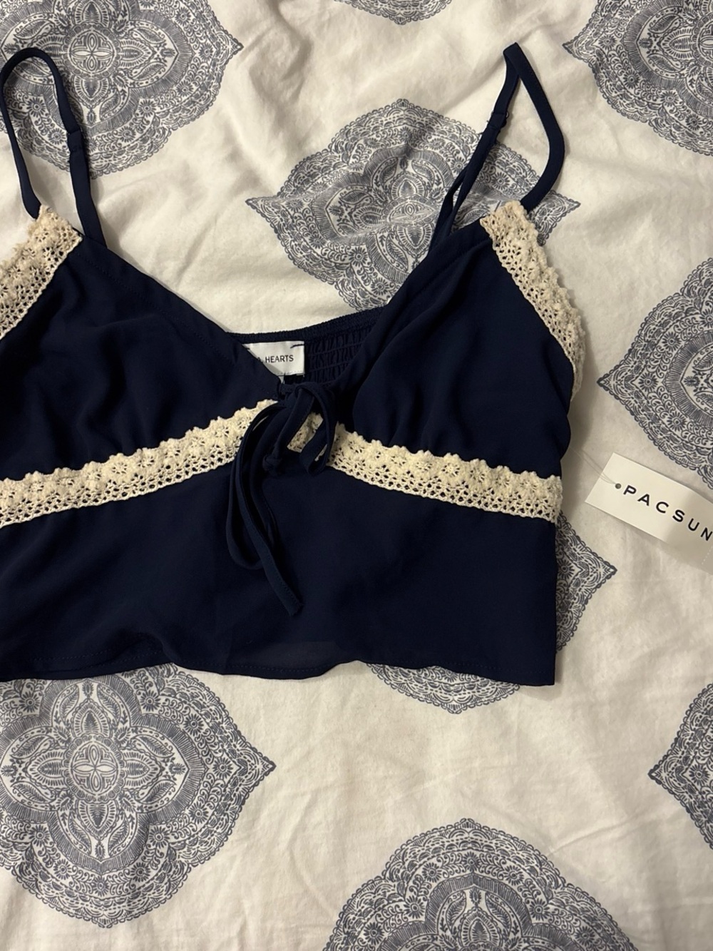 PacSun Navy Blue Cropped Cami with Cream Lace Trim